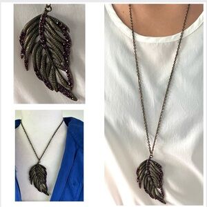 🎁 Feather-Leaf Bronze Pendant Necklace/ Purple Rhinestones/ Art Nouveau-Inspired
